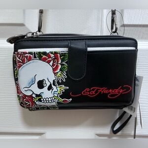 NWT Ed Hardy Cellphone Skull Zip Around Compact Wallet